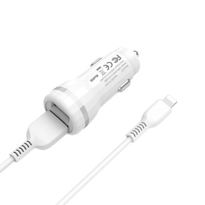 Premium minosegu HOCO autos tolto Z27 2xUSB 24A plusz lightning kabel feher 1