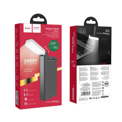 J62 JOVE MOBIL POWER BANK 30000MAH HÁROM USB 2A KIMENET LED JELZŐVEL ÉS ASZTALI LÁMPÁVAL 1. Kapacitás: 30000mAh. Névleges kapacitás: 17700mAh. 2. Bemenet: Micro-USB / C-típus - 5V / 2A max. 3. Kimenet: USB 1/2/3: DC5V / 2A max. Teljes teljesítmény: DC5V / 2A max. 4. Anyag: ABS + PC égésgátló anyag. 5. Nagy energiahatékonyságú A + polimer lítium akkumulátor. 6. Méretek: 168 * 83 * 33mm. Súly: 710g. 7. 3 USB-port kimenet, a fehér LED-jelző mutatja az energiaszintet (a gomb aktiválása), hosszan nyomja meg a bekapcsológombot 3 másodpercig az asztali lámpa bekapcsolásához, kattintson duplán az asztali lámpa kikapcsolásához.
