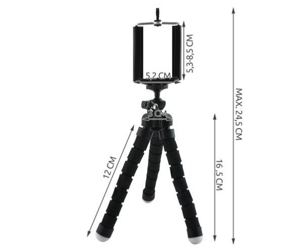 Tripod, hajlítható lábú, szelfi és asztali miniállvány, fekete, telefon adapterrel - Image 10