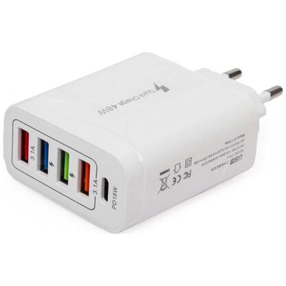 Hálozati töltő adapter, gyorstöltő PD 48W fehér 4 USB+ Type C