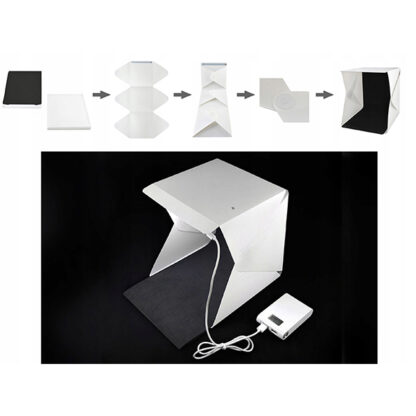 Mini fotódoboz beépített LED világítással, fekete és fehér háttérrel