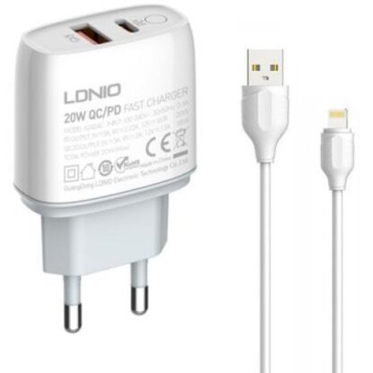 Hálozati töltő adapter, gyorstöltő QC3.0 18W+ PD 20W + lightning kábel 1m bekapcsoló gombbal