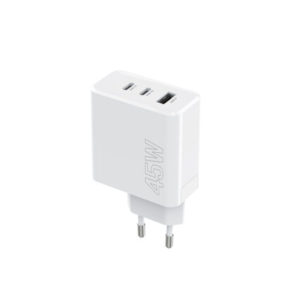 Hálózati töltőfej, adapter, gyorstöltő, 2X USB-C + 1XUSB port, fehér, 45W