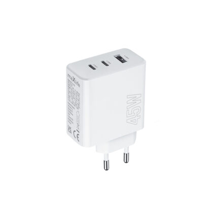 Hálózati töltőfej, adapter, gyorstöltő, 2X USB-C + 1XUSB port, fehér, 45W