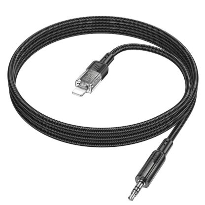 Audio kábel, aux kábel, iPhone 8pin, lightning - jack 3,5mm, szövet bevonat, fekete, 1.2m, Hoco UPA27